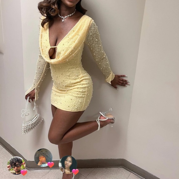 Oh Polly Yellow Beaded Cowl Neck Long Sleeve Mini Dress - Picture 3 of 3